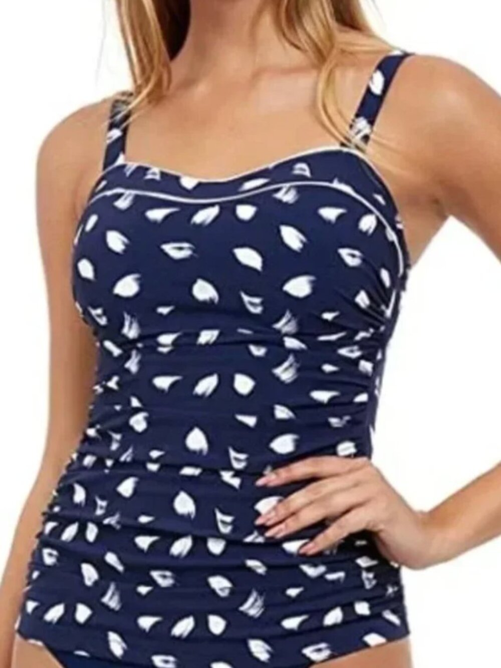 NWT Profile by Gottex Scoop Neck Shirred Underwire Tankini Top, Navy & White,34D